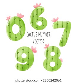 Draw vector illustration collection cute cactus number Houseplants concept Birthday kids Watercolor painting