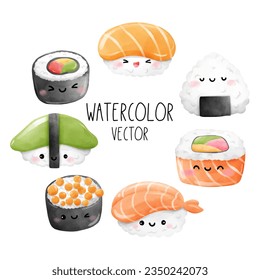 Draw vector illustration collection cute sushi Japanese food Watercolor painting style