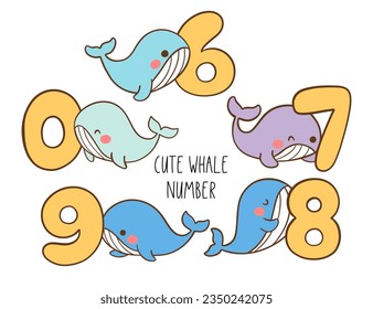 Draw vector illustration collection cute whale number Kids birthday Printable shirt Doodle cartoon style