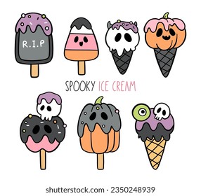 Draw vector illustration collection cute spooky ice cream Halloween concept Doodle cartoon style