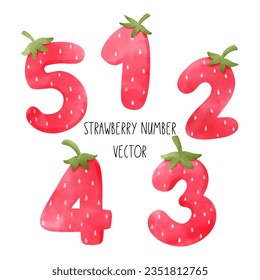 Draw vector illustration collection cute strawberry number Birthday kids Watercolor painting