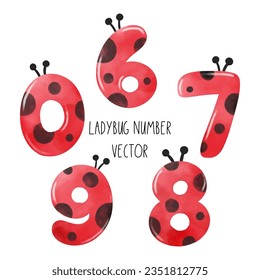 Draw vector illustration collection cute lady bug number Birthday kids Watercolor painting