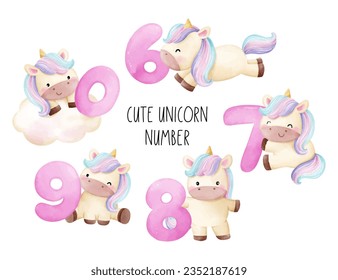 Draw vector illustration collection cute unicorn Kids birthday Printable shirt Watercolor style