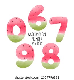 Draw vector illustration collection cute watermelon number Birthday kids Watercolor painting