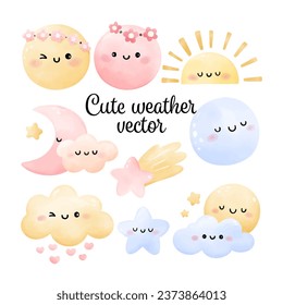 Draw vector illustration collection cute weather Elements for nursery birthday party Watercolor style