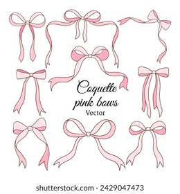 Draw vector illustration collection cute coquette pink bow Solf girl Ribbon frame Doodle cartoon style