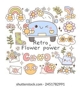 Draw vector illustration collection cute retro flower power Hippie florals Positive vibes Doodle cartoon style