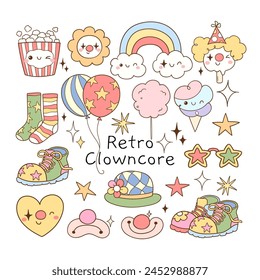 Draw vector illustration collection cute element retro clowncore Groovy kidcore aesthetic Doodle cartoon style