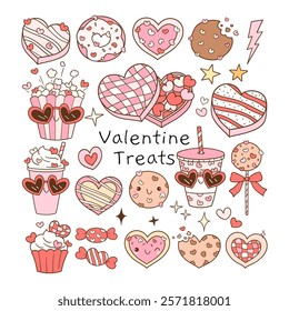 Draw vector illustration collection cute retro valentines treats Sweet bakery Trendy groovy Love vibes Doodle cartoon style