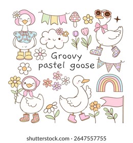 Draw vector illustration collection cute pastel goose Pastel spring Classroom decor Doodle cartoon style