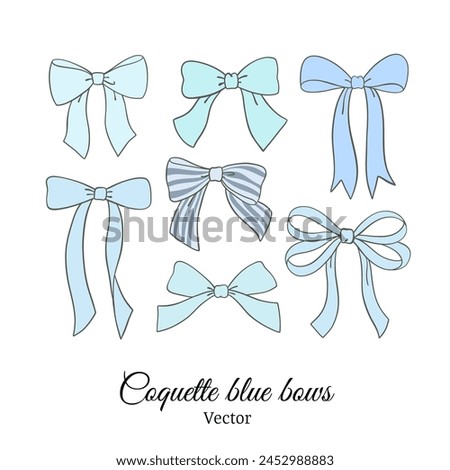 Draw vector illustration collection cute coquette blue bow Soft girl Trendy girly Doodle cartoon style