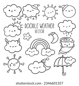 Draw vector illustration collection doodle weather Sky concept Doodle cartoon style
