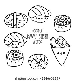Draw vector illustration collection doodle kawaii sushi Japanese food Doodle cartoon style