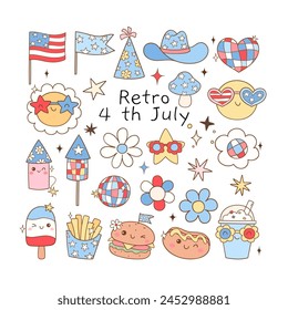 Draw vector illustration collection element retro 4th of July Hippie patriotic Groovy Independence day Doodle cartoon style