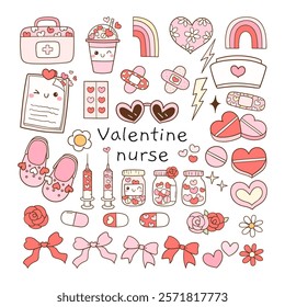 Draw vector illustration collection element pink nurse valentine Trendy retro groovy Love vibes Doodle cartoon style