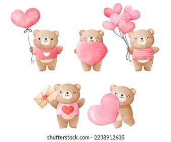 Draw vector illustration collection funny bear with pink heart for valentine day Watercolor style