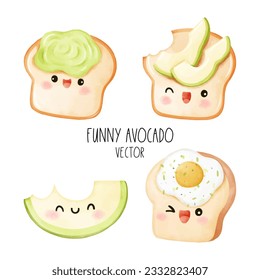 Draw vector illustration collection funny avocado Food concept Watercolor style