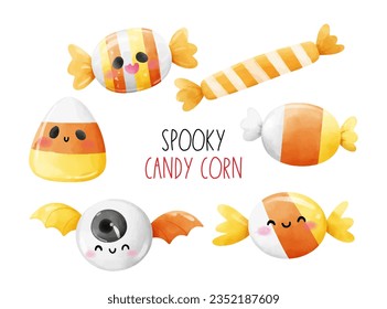 Draw vector illustration collection funny spooky candy corn Halloween concept Watercolor style