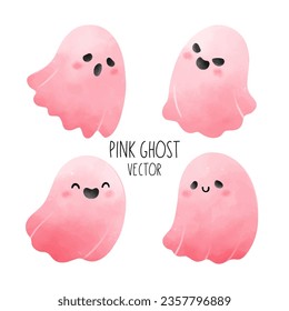 Draw vector illustration collection funny pink ghost For halloween autumn Watercolor style
