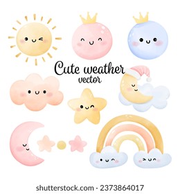 Draw vector illustration collection funny weather Elements for nursery birthday party Watercolor style