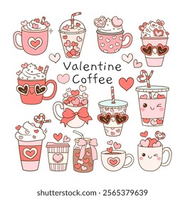 Draw vector illustration collection funny valentines coffee Trendy groovy Love vibes Sweet drink Doodle cartoon style