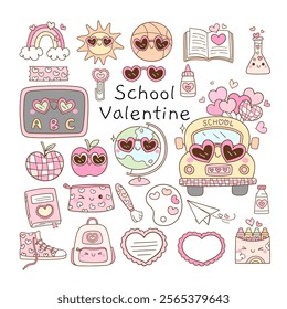 Draw vector illustration collection funny school valentines Trendy groovy Love vibes Classroom decor Doodle cartoon style