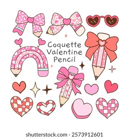 Draw vector illustration collection funny coquette pencil bows for valentine Love teaching Doodle cartoon style