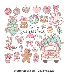 Draw vector illustration collection girly christmas Trendy pastel Classroom decor New year Winter Doodle cartoon style