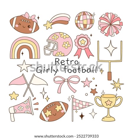 Draw vector illustration collection girly football Trendy sport Soccer Rugby American football Doodle cartoon style