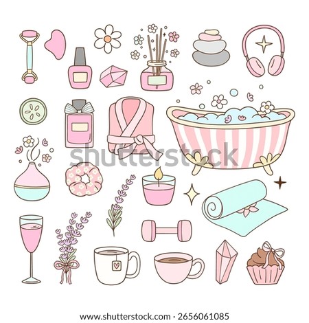 Draw vector illustration collection girly self care Soft aesthetic spa Doodle cartoon style