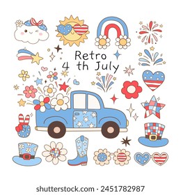 Draw vector illustration collection groovy 4th of July Hippie patriotic Retro Independence day Doodle cartoon style