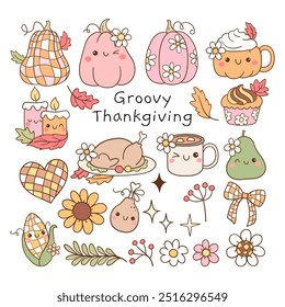 Draw vector illustration collection groovy thankgiving element for autumn Retro fall season Doodle cartoon style