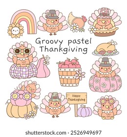 Draw vector illustration collection groovy pastel thankgiving Fall autumn season Classroom decor Doodle cartoon style