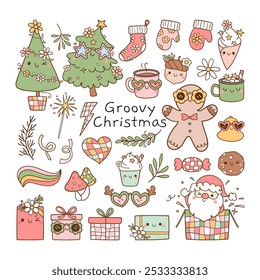 Draw vector illustration collection groovy christmas element Trendy retro Doodle cartoon style