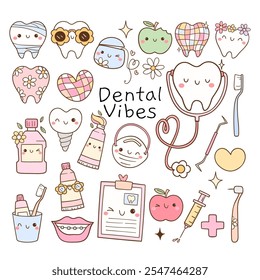 Draw vector illustration collection groovy dental vibes Medical health care Dental assistant Doodle cartoon style