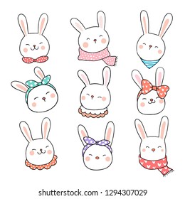 Draw vector illustration collection head of rabbit.Isolated on white.Doodle cartoon style.