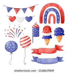 Draw vector illustration collection Independence day for 4th of july concept Watercolor style