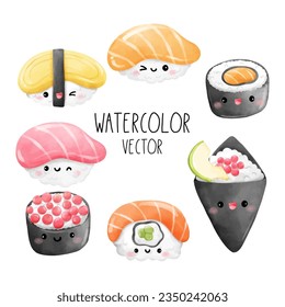 Draw vector illustration collection kawaii sushi Japanese food Watercolor painting style