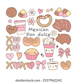 Dibujar la colección de Ilustración vectorial mexicana pan dulce Pan dulce Para el día de San Valentín Doodle estilo de dibujos animados