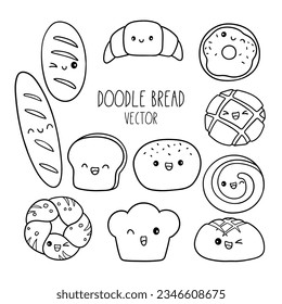 Draw vector illustration collection outline funny bread Bakery concept Doodle cartoon style