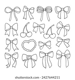 Draw vector illustration collection outline coquette bow Soft girl Trendy girly Doodle cartoon style