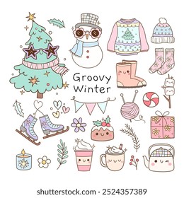 Draw vector illustration collection pastel winter element Retro disco ball Christmas Snowman Doodle cartoon style