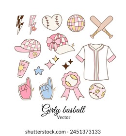 Draw vector illustration collection pink girly baseball element Trendy soft girl Girlie sport Doodle cartoon style