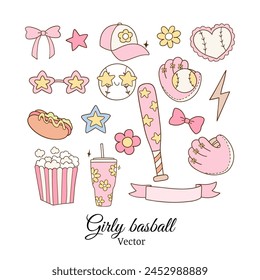 Draw vector illustration collection pink girly baseball Trendy soft girl Girlie sport Doodle cartoon style