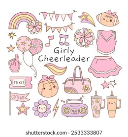 Dibujar la Ilustración vectorial colección rosa girly cheerleader Pastel vibes Cheer mom Trendy sport Doodle estilo de dibujos animados