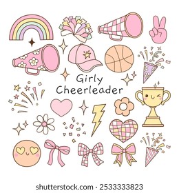 Draw vector illustration collection pink girly cheerleader element Pastel vibes Cheer mom Trendy sport  Doodle cartoon style