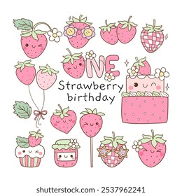 Draw vector illustration collection pink strawberry birthday for kids Classroom decor Doodle cartoon style