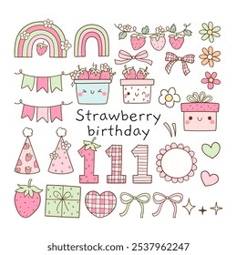 Draw vector illustration collection pink strawberry birthday element For kids Classroom decor Doodle cartoon style