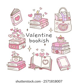 Draw vector illustration collection pink valentine bookish Book lover Love reading Doodle cartoon style