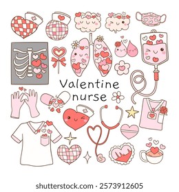 Draw vector illustration collection pink nurse valentine Trendy retro groovy Love vibes Doodle cartoon style